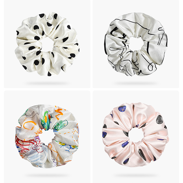 Scrunchies de seda de amoreira reais impressos por designers de luxo para cabelos cacheados